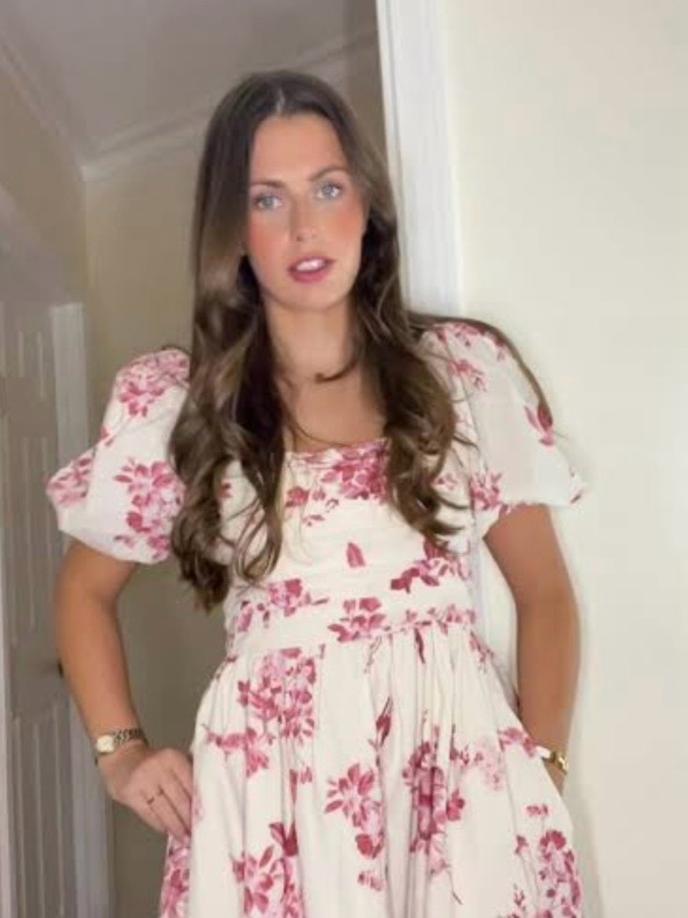 Abercrombie & Fitch poplin puff sleeve Midi Dress with red Floral Print